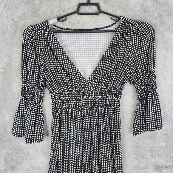 Women's Black & White Polka Dot V Neck Dress Bell Sleeves Smocked Waist Size S - Picture 4 of 8